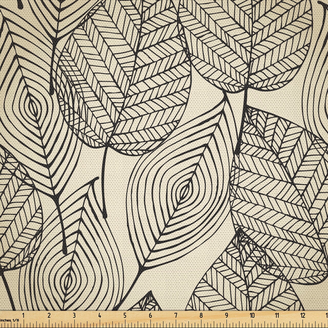 Ambesonne Beige Fabric by the Yard, Autumn Geometric Leaf Pattern Ornamental Foliage Design Abstract Line Arrangement, Decorative Fabric for Upholstery and Home Accents, 1 Yard, Beige Black